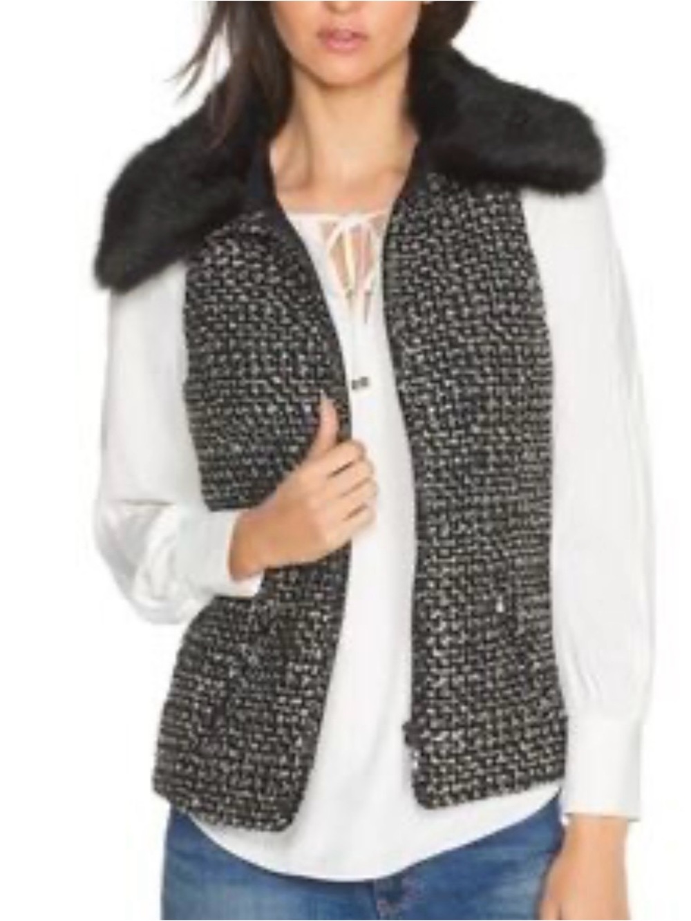 WHBM black tweed faux fur collar vest